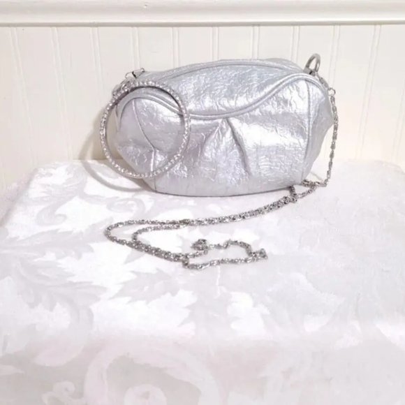 NEW Big Buddha SHINY Metallic SILVER Mini Crossbody Clutch Purse Rhinestone Zip - Picture 1 of 12
